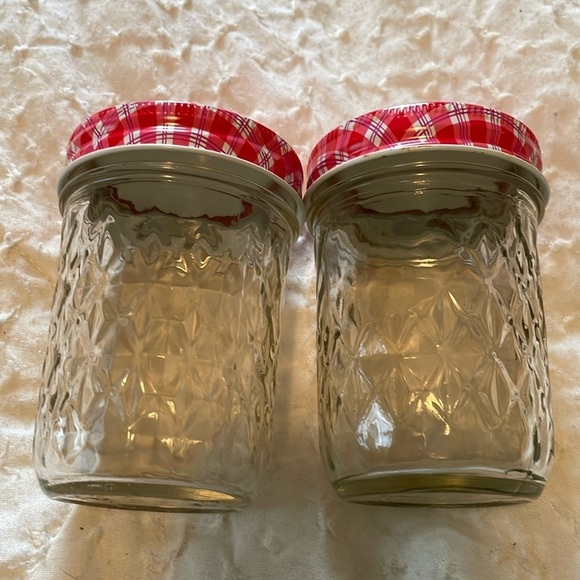 Ball quilted crystal canning jars with decorative pink plaid lids. - Picture 3 of 10